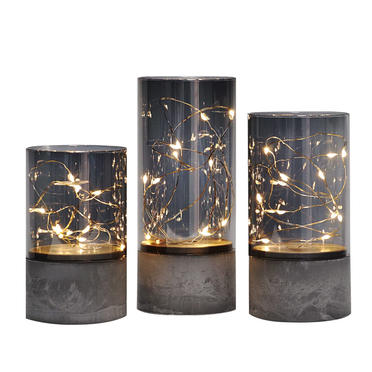 Rhytsing 3er-Set Glaswindlichter Laternen mit Lichterkette, flammenlose Led Kerzen mit Timerfunktion H 12,5/15 / 17,5 cm
