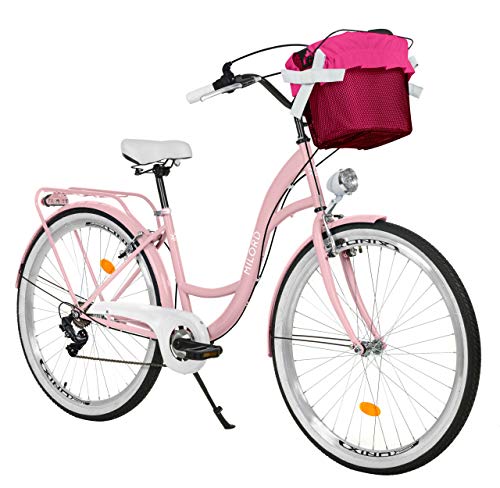 Milord. 28 Zoll 7-Gang Rosa Komfort Fahrrad mit Korb und Rückenträger, Hollandrad, Damenfahrrad, Citybike, Cityrad, Retro, Vintage