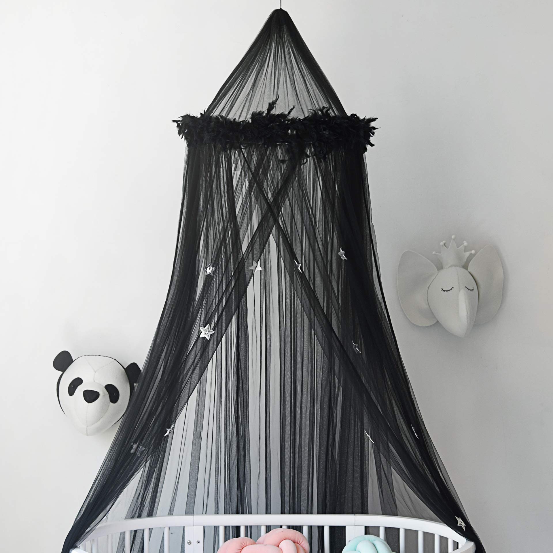 SHIKUN Betthimmel Moskitonetz Vorhänge mit Federn und Sternen Nette schöne Dekoration für Babys Mädchen Kleinkinder und Teen Schlafzimmer, schwarz