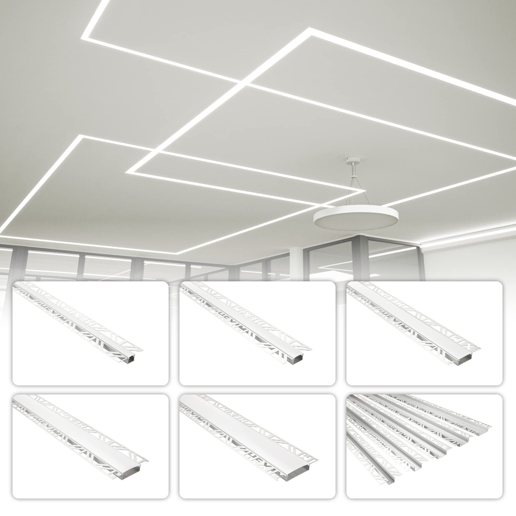 HEXIM LED Aluprofile, Unterputz Aluminium Trockenbau Profile mit opaler Abdeckung, verschiedene Breiten - (30 Meter, 50mm Leuchtbreite) spachteln für LED Stripes Alu