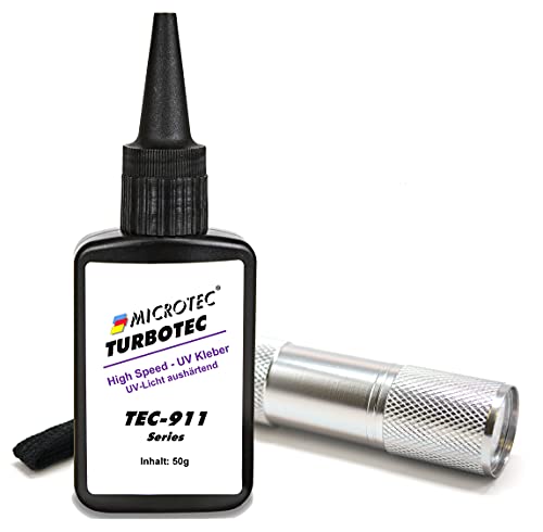Microtec Turbotec 911 UV-Kleber | 50g | mit UV-Taschenlampe | Der schnellste Kleber der Welt - das Original | lichthärtender und transparenter Klebstoff | Qualitätsprodukt aus Deutschland