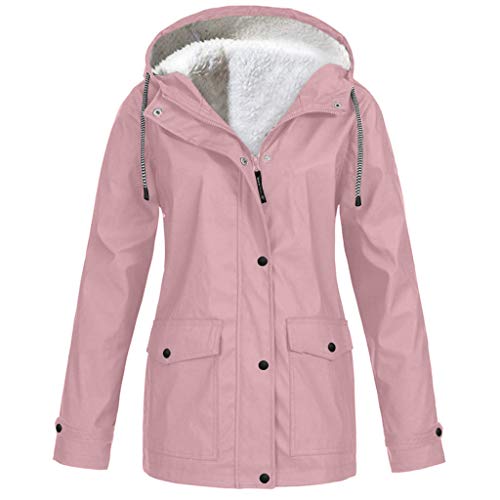 MMOOVV Winterjacke Damen Winter Jacke Solide Plüsch Verdickung Jacke Outdoor Plus Size Kapuzen Regenmantel Winddicht (Rosa 4XL)