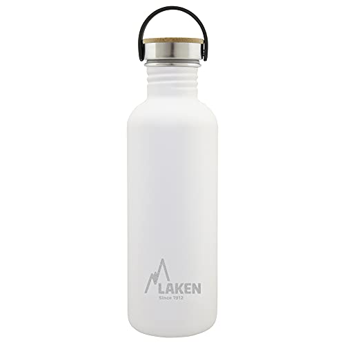 Laken Basic Edelstahlflasche, Trinkflasche Weite Öffnung mit Edelstah Schraubverschluss mit Bambo, BPA frei 1L, Weiß