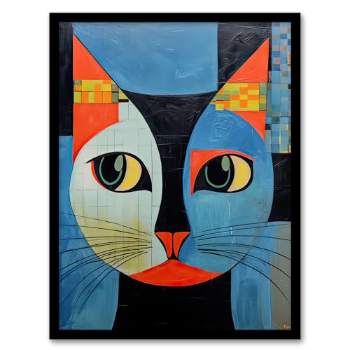 Pawsitive Vibes Only Blue Orange Abstract Cat Artwork Framed Wall Art Print A4