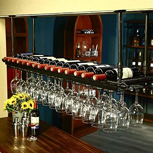 BTZHY Weinregal,Decken-Weinhalter, an der Wand montierter Weinflaschenhalter, hängende Weinglasregale, Kelch-Stielglasregale, Vintage-Wohnkulturregale, schwarz/60 x 30 cm
