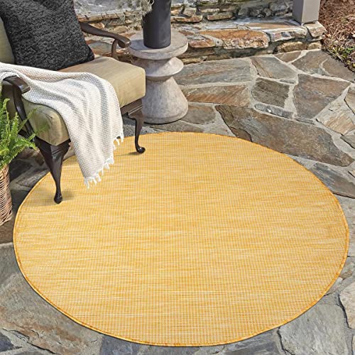 carpet city Outdoor Teppich Terrasse Wetterfest - 120x120 cm Rund - Balkonteppich Gelb Meliert - In-& Outdoor Teppiche für Veranda, Garten, Küche, Bad oder Wohnzimmer