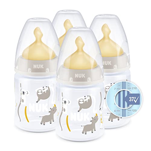 NUK First Choice+ Babyflaschen Set | 0-6 Monate | Temperaturkontrolle | Anti-Kolik-Entlüftung | 150 ml | BPA-frei | Latexsauger | Safari (Beige) | 4 Stück, 10743987