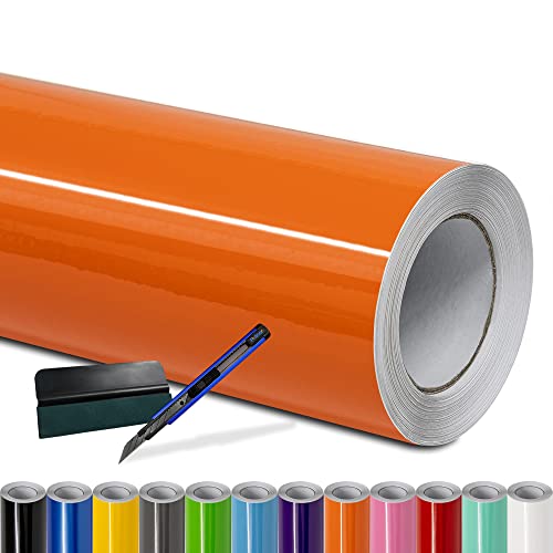 Folindo® Autofolie Orange Glanz (9€/m²) | 5 x 1,52 m | + Rakel & Cutter | Selbstklebende Luftkanal Folie zur Auto Folierung | Blasenfrei