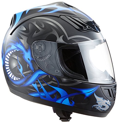 protectWEAR Motorradhelm, Integralhelm, Drachendesign (Schwarz/Silber/Blau), XS