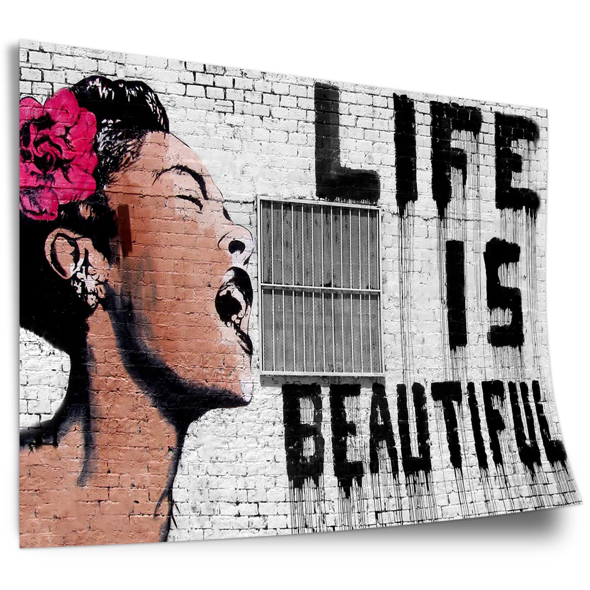 Printistico Poster aus Baumwolle Banksy - Life is Beautiful Frau mit Rose im Haar mit Schriftzug Kunstdruck ohne Rahmen, Wandbild - A4, A3, A2, A1, A0, XXL - Wohnzimmer, Schlafzimmer, Küche, Deko