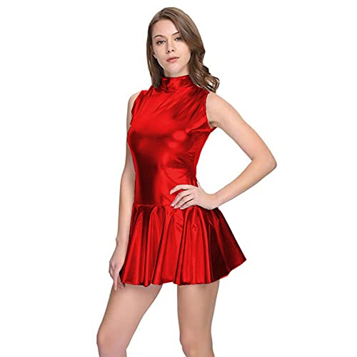 Women Turtleneck A-Line Bodycon Mini Casual Dress,Red,M