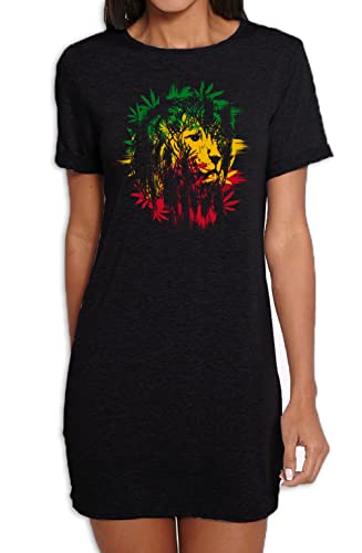 Lion of Judah Cannabis Leaves Reggae Rasta Damen T-Shirt-Kleid, Schwarz , XL