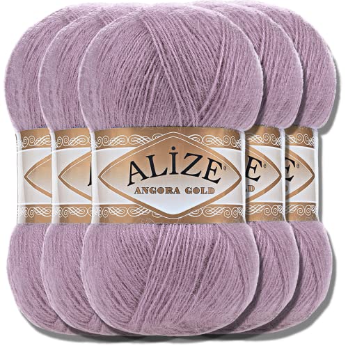 Alize 5x 100g Angora Gold Türkische Premium Wolle aus Schurwolle und Acryl Uni Handstrickgarne | Yarn | Garn | Strickgarn Babywolle Einfarbig Baby zum Häkeln Stricken Schals (Puce | 312)