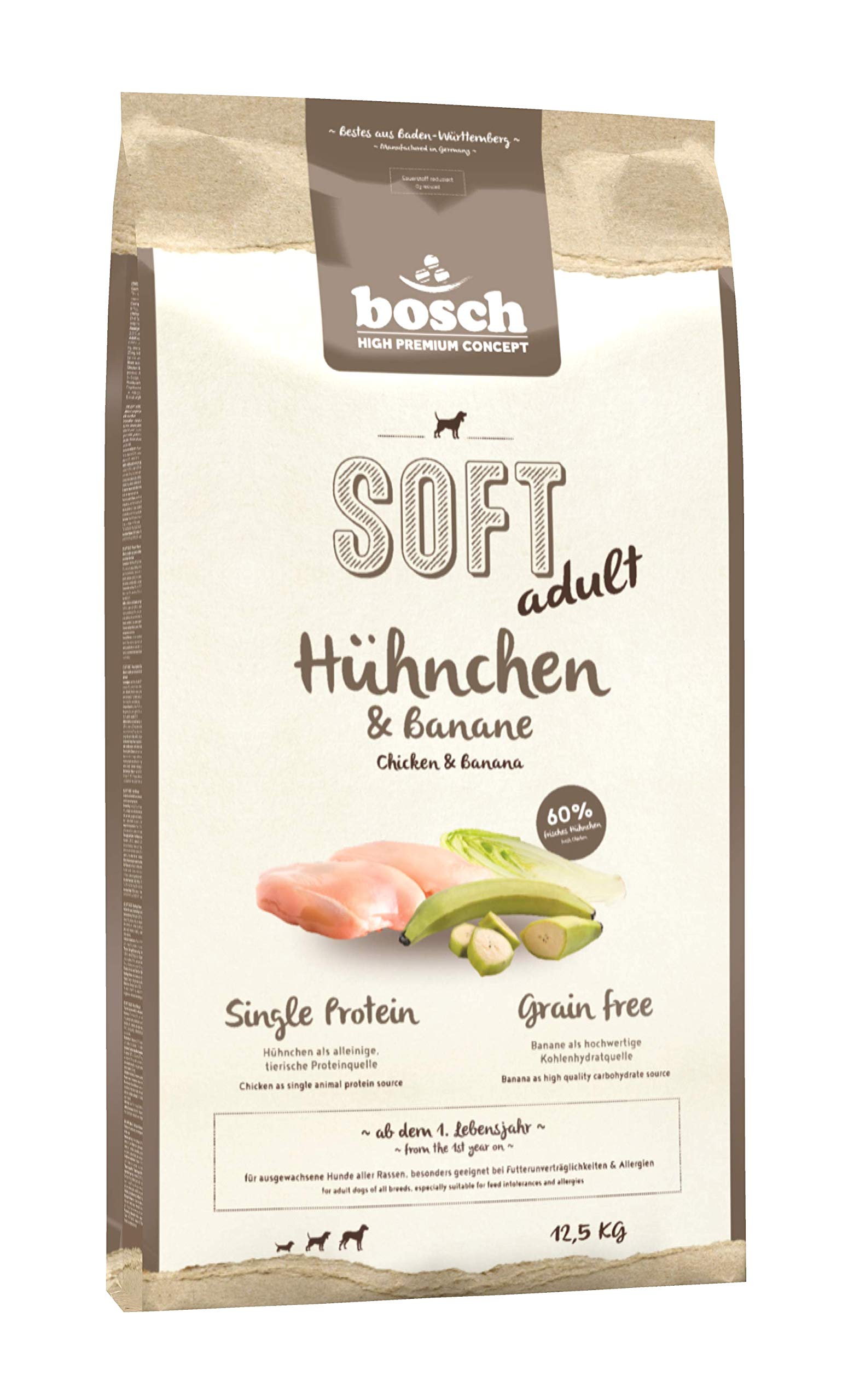 bosch HPC SOFT Hühnchen & Banane | halbfeuchtes Hundefutter für ausgewachsene Hunde aller Rassen | Single Protein | grain-free | 1 x 12.5 kg