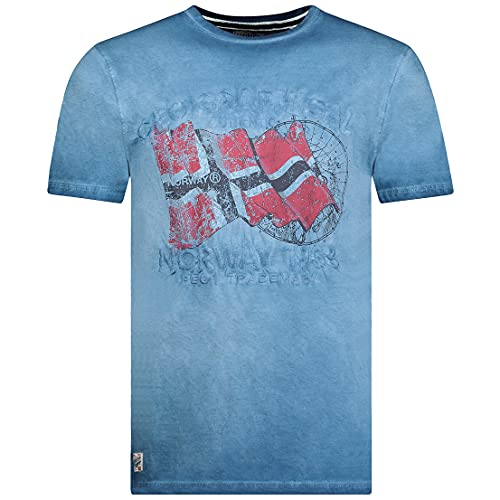 Geographical Norway Japoral Men T-Shirt aus Baumwolle – T-Shirt mit klassischem Logo – Kurzarm – Rundhalsausschnitt – Lässige Passform (Blau, L)
