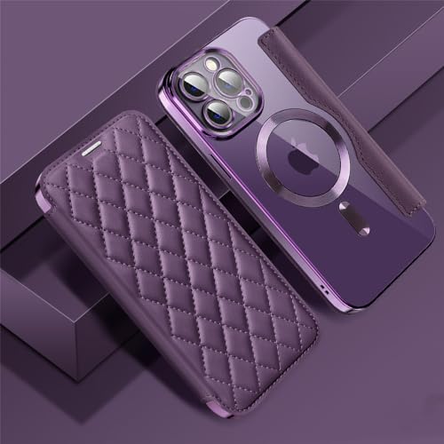 MVVKKY Magnetische Flip-Handyhülle für iPhone 15, 14, 11, 12, 13 Pro Max Plus mit Linsenschutz, Mesh-Lederbezug, dunkelviolett, für Samsung S23