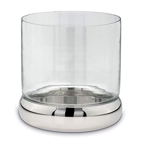 Kleine runde Silberne Glas Boden-Windlicht-Säule Edelstahl Ø 24 cm Höhe 24 cm - Deko Kerzenhalter & Kerzenständer für große Stumpenkerzen