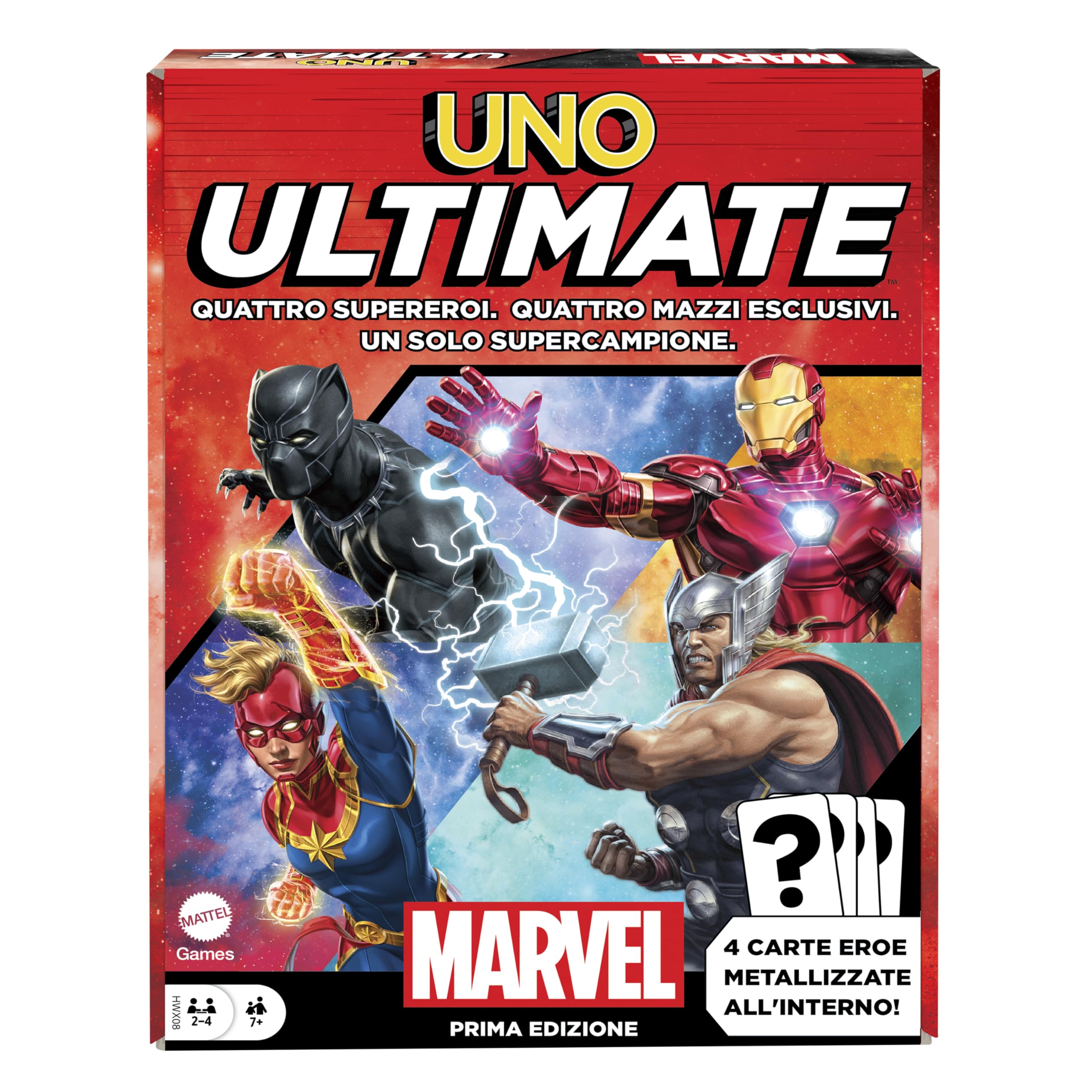 Mattel Games - UNO Ultimate Marvel - Das ikonische Spiel mit 4 laminierten Sammelkarten und Marvel Superhelden einschließlich Black Panther, Captain Marvel, Iron Man und Thor, Spielzeug für Kinder, 7+