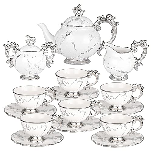 Tee Set Tee Services Porzellan 15 Stück - Keramik Teekanne Set mit Tasse und Untertasse 6 Personen - Vintage China Tea kaffee Service mit Zuckerdose und Milchkännchen für Geschenk und Haushalt