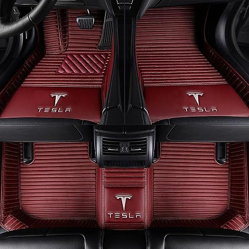 Auto PU-Leder Fußmatten für Tesla Model 3 2019-2023(LHD), Personalisierte für Ihr Auto Anti-Rutsch Fußmatten Volle Abdeckung wasserdichte Automobil Auto Fussmatten Sets,D Red