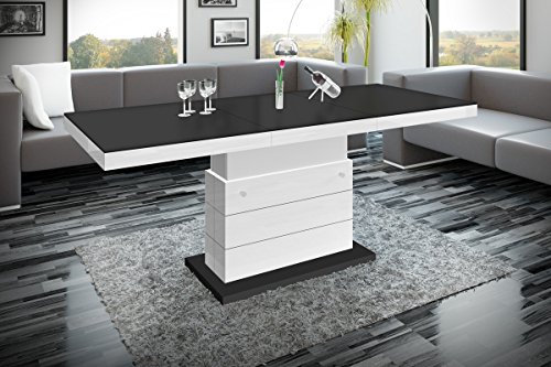 HU Design Couchtisch Tisch Matera Lux H-333 Hochglanz höhenverstellbar ausziehbar Wohnzimmertisch Esstisch (Schwarz Matt/Weiß Hochglanz)