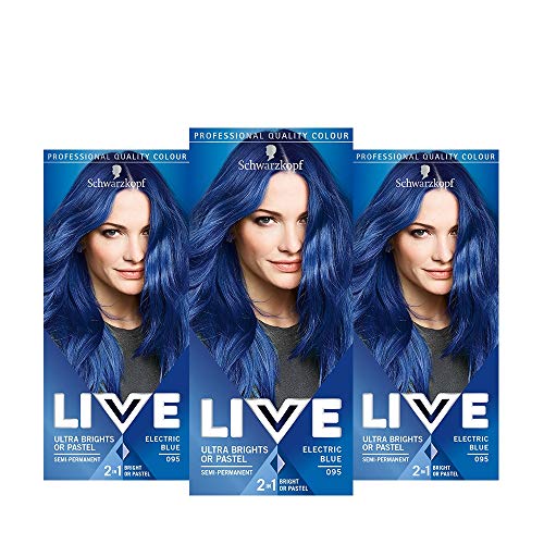 Schwarzkopf LIVE Haartönung, ultrahelles oder pastellblaues Haar, semi-permanent, hält bis zu 15 Waschgängen – 095 Electric Blue, 3 Stück