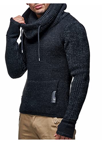 Leif Nelson Herren Strick-Pullover Strick-Pulli mit Schalkragen Moderner Woll-Pullover Langarm-Sweatshirt Slim Fit LN5060 Schwarz XXX-Large