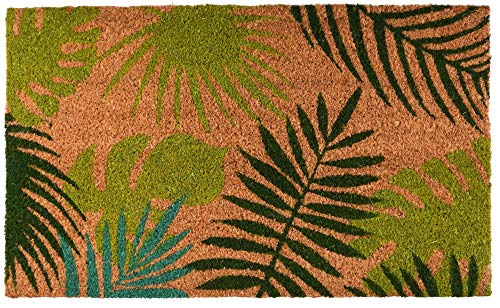 Rivanto® Kokosmatte aus Kokosfaser/Kunststoff, in Tropische Blätter Optik, 75 x 45 x 1,7 cm, Türvorleger, Fußabstreifer, braun