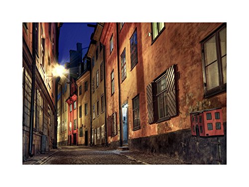 Wee Blue Coo Foto Cobblestone Street Night Stockholm Schweden Wand Kunstdruck