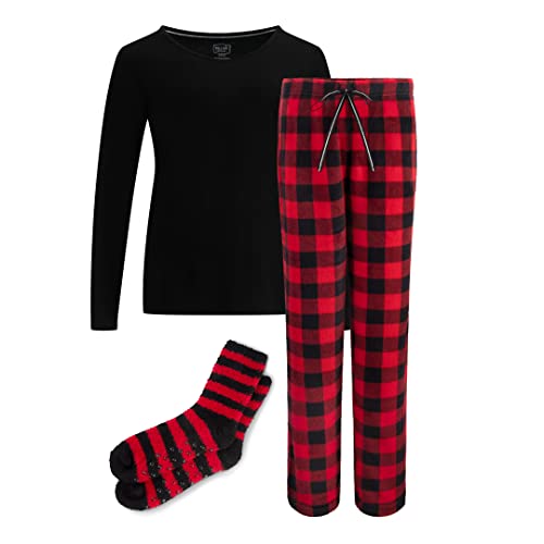 3-teiliges Pyjama-Geschenk-Set – Baumwolle Langarm Oberteil, Plüsch-Fleece-Hose und gemütliche Socken Geschenkset – Weihnachtspyjama für Frauen, rotem Karo, L
