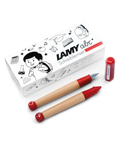 LAMY abc Schreiblernset rot inkl. Geschenkverpackung aus 1x kindgerechtem Schreiblernfüller mit Linkshänder Feder und 1x Bleistift, rutschfestes Griffstück, Kappe und Würfel aus Kunststoff