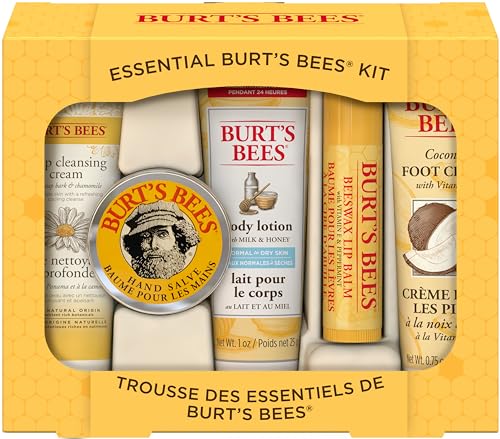Burt's Bees Geschenkset, mit 5 Produkten in Reisegröße - Tiefwirksame Reinigungscreme, Handcreme, Bodylotion, Fußcreme und Lippenbalsam