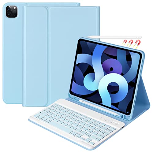Tastatur für iPad Air 5 2022/Air 4 2020, Schutzhülle für iPad 10.9 2020 mit Tastaturhülle, Französisch, kabellos, für iPad Pro 11 2021/2020/2018, abnehmbare Bluetooth-Tastatur und Hülle mit Nut (Light Blue)