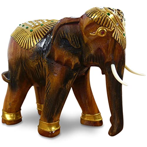 livasia Holz Elefanten mit Verzierungen, asiatische Elefanten mit hängendem Rüsel (21cm)