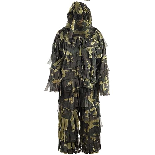 PELLOR 3D Ghillie Tarnanzug mit Kapuze, Netzstoff Dschungel Ghillie Suit Woodland Camouflage Anzug Kleidung mit Camouflage Hut für Jagd Verdeckt Halloween