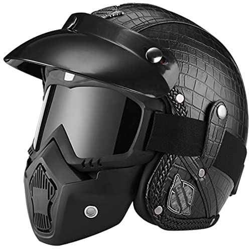 Motorrad-Jethelm mit Maske und Brille Retro-Jethelm mit Abnehmbarer Krempe ECE-zugelassener Schutzhelm für Erwachsene Halbschutzhelm für Männer und Frauen Cruiser Chopper 3,S(55-56CM)