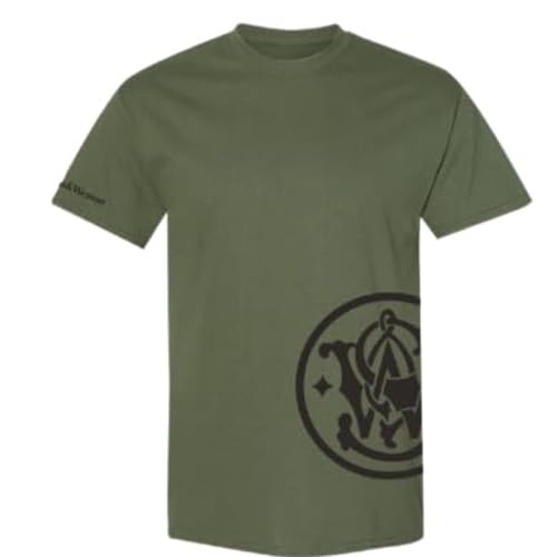 Smith & Wesson Offiziell lizenziertes Herren-T-Shirt aus 100 % Baumwolle, kurzärmelig, Rundhalsausschnitt, S&W Wrap-Around und Arm Logo Tee, Militär, Grün, L