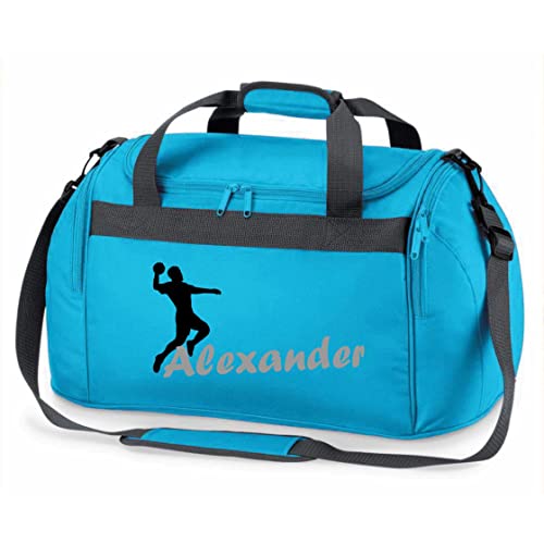 Sporttasche mit Namen Bedruckt für Kinder | Personalisierbar mit Motiv Handball | Reisetasche Duffle Bag für Mädchen und Jungen | Handballspieler Sport (türkis)