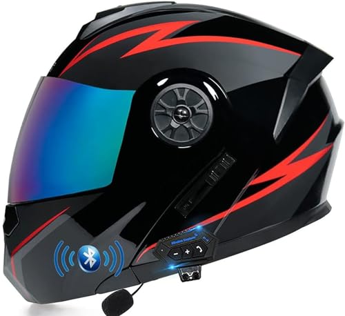 Klapphelm Mit Bluetooth, Integriert Motorradhelm, Motocrosshelme ECE Zertifiziert Integralhelm Mit Doppelvisier, Jethelm Mit Kinnschutz Mit Mikrofon, Für Erwachsene Frauen Männer 10, L=59-60cm