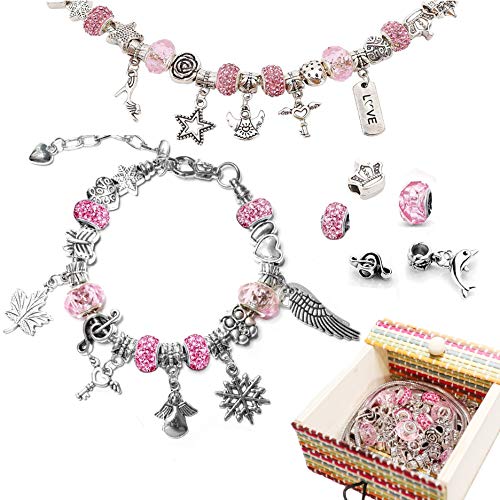 Miya Charm Armband DIY Set mit 3 Silber Kette - Schmuck basteln Set Mädchen, Perle Armband, Tolles Geschenk für Mädchen, ideal für Adventskalender zum befüllen