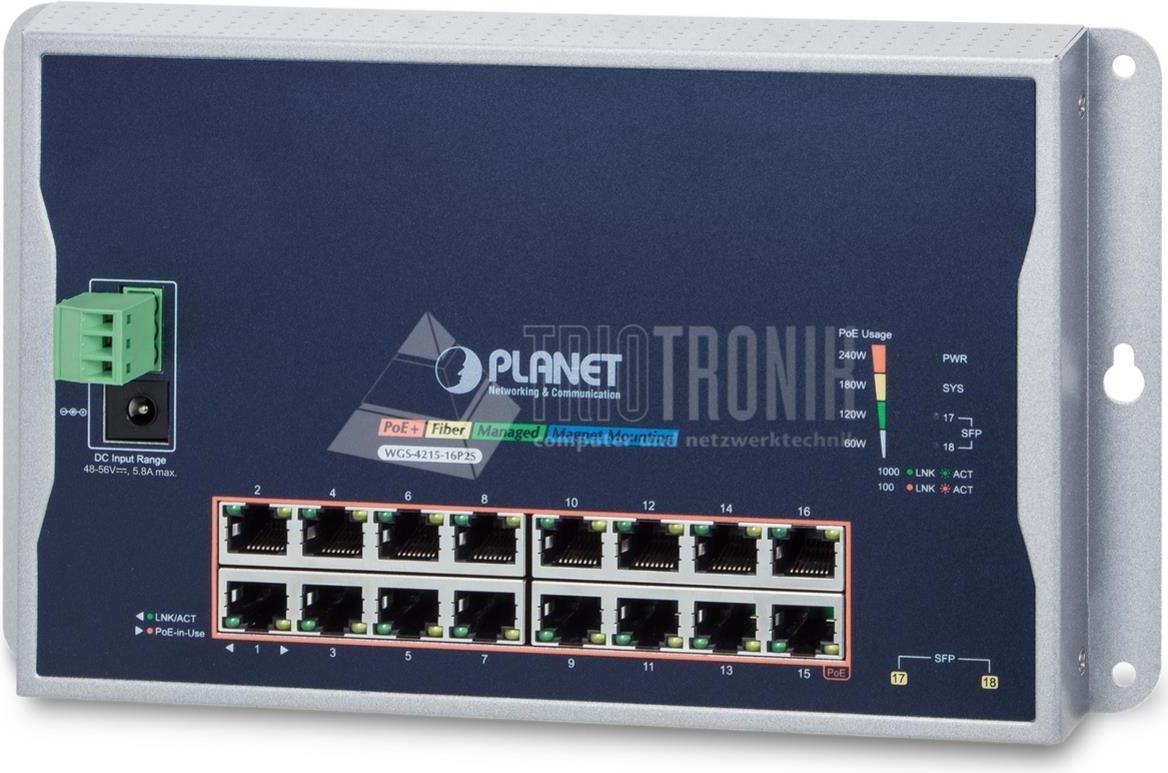Planet IP40, IPv6/IPv4, 16-Port 1000T 802.3at PoE + 2-Port 100/1000X, WGS-4215-16P2S (802.3at PoE + 2-Port 100/1000X SFP Wall-Mount Managed Ethernet Switch)
