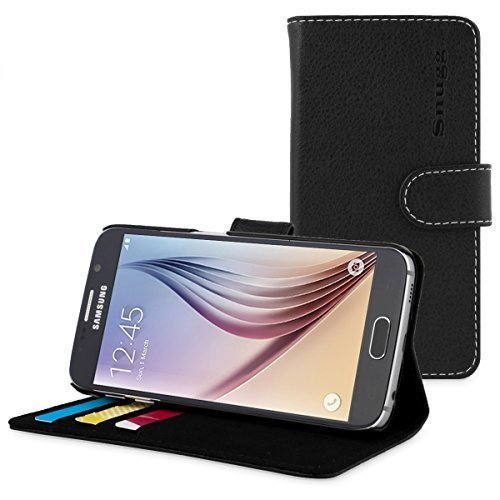Galaxy S6 Hülle (Schwarz), Snugg™ – Flip Case mit lebenslanger Garantie + Kartenfächern & Standfunktion