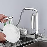 3 Wege Ausziehbar mit Filter Wasserreiniger Messing Trinkwasserhahn Küche-Chrom, XYLKWY, Chrom,