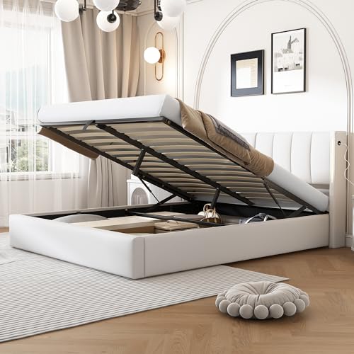 Idemon Polsterbett, hydraulisch, mit aufladbarem USB-Anschluss im Bett, mit Licht mit Beleuchtung, mit Stauraum, verstellbares Kopfteil, PU-Kieselstein, weiß (160 x 200 cm)