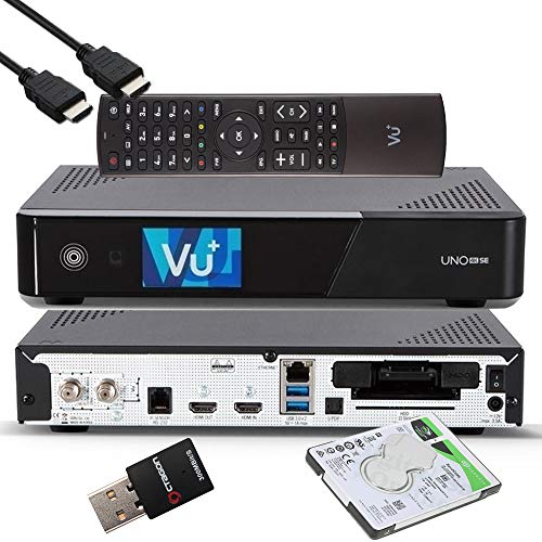 VU+ UNO 4K SE - UHD HDR 1x DVB-S2 FBC Sat Twin Tuner E2 Linux Receiver, YouTube, Satellit Festplattenreceiver, CI + Kartenleser, Media Player, USB 3.0, EasyMouse HDMI-Kabel, 2TB HDD, 300 Mbit WiFi