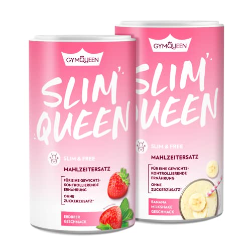 GymQueen Slim Queen Abnehm Shake 2x420g, Erdbeer + Banana Milkshake, Leckerer Diät-Shake zum einfachen Abnehmen, Mahlzeitersatz mit wichtigen Vitaminen und Nährstoffen, nur 250 kcal pro Portion