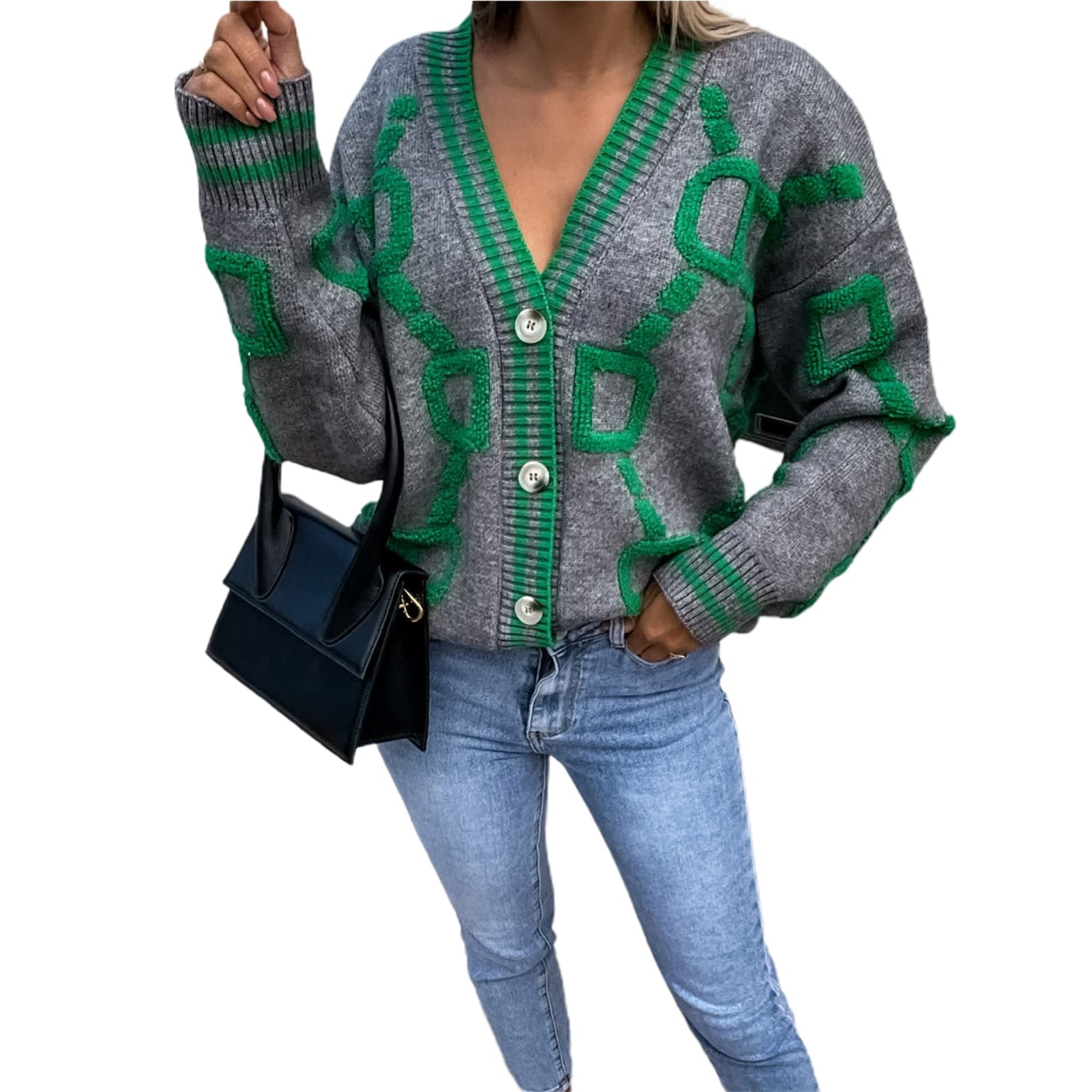 Suzanne Cardigan Sweater Trendy Kältefest Damen Streifen Muster Lose Mantel Strickwaren Grau Einheitsgröße