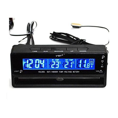 Digital LCD Innen Außen Temperaturmesser Spannungstester Voltmeter Auto Uhr Schwarz