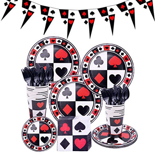 NuobeSTY 113-teiliges Set Pokerkarten-Teller Einweg-Pappteller Tafelgeschirr Essen Löffel Geburtstag Party Supplies