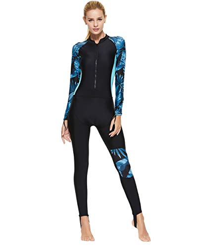 X-xyA Frauen Ganzkörperschwimmanzug Wetsuit One Piece Rash Guard Langarm Mit Reißverschluss Vorn Quallen Anzug Badebekleidung Tauchen Surfen Anzug,Blau,XL